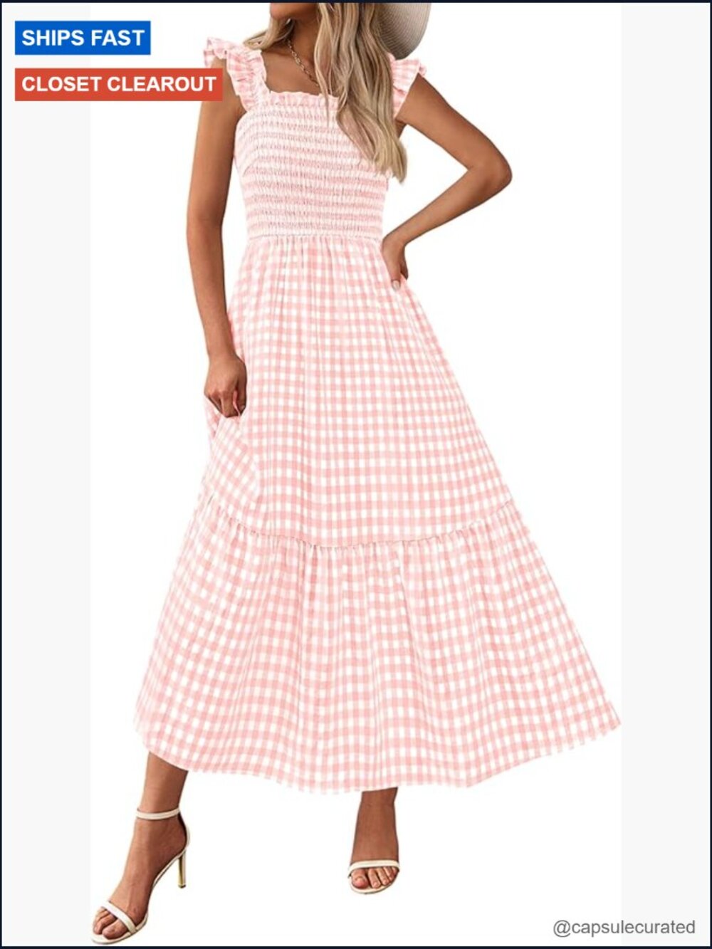 Women's Square Neck Ruffle Strap Smocked Midi A-Line Dress